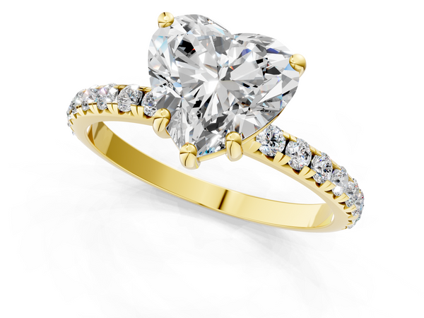 Yellow gold Heart Cut Diamond Solitaire Ring with Micro Pave Band and Four Prong Setting