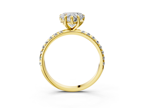 Yellow gold Heart Cut Diamond Solitaire Ring with Micro Pave Band and Four Prong Setting