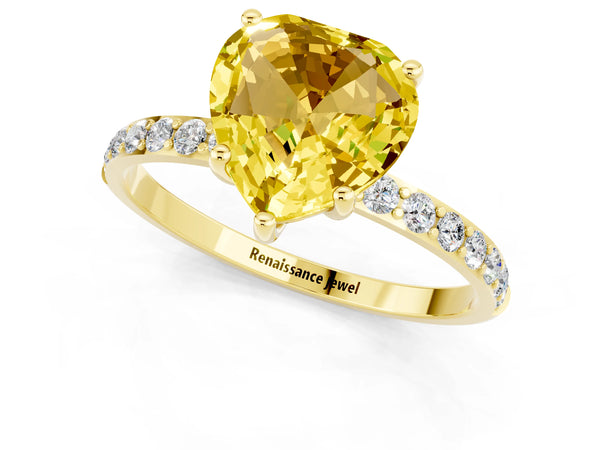Yellow gold Heart Cut Yellow Sapphire Solitaire Ring with Round Pavé Shoulders and Prong Setting