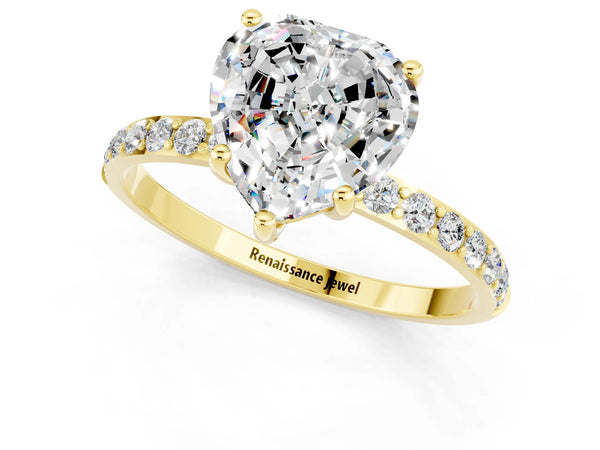 Yellow gold Heart Cut Moissanite Solitaire Ring with Round Pavé Shoulders and Prong Setting