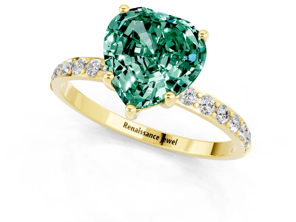 Yellow gold Heart Cut Green Sapphire Solitaire Ring with Round Pavé Shoulders and Prong Setting