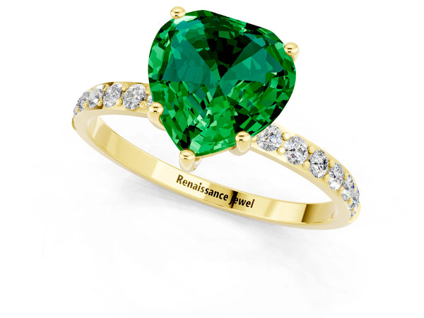 Yellow gold Heart Cut Emerald Solitaire Ring with Round Pavé Shoulders and Prong Setting