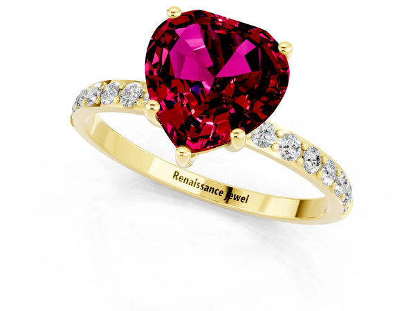 Yellow gold Heart Cut Garnet Solitaire Ring with Round Pavé Shoulders and Prong Setting