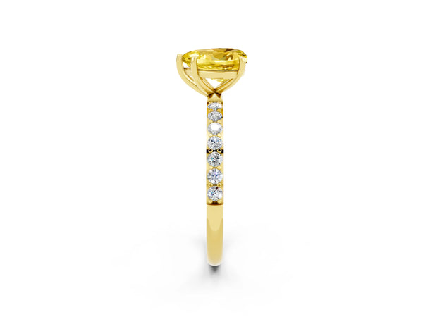 Yellow gold Heart Cut Yellow Sapphire Solitaire Ring with Round Pavé Shoulders and Prong Setting