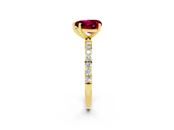 Yellow gold Heart Cut Garnet Solitaire Ring with Round Pavé Shoulders and Prong Setting