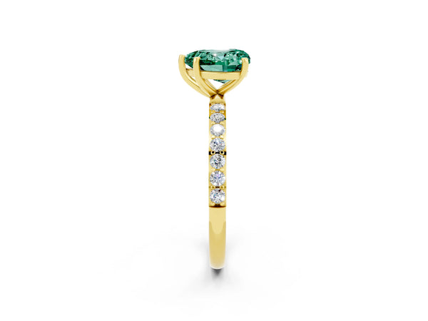 Yellow gold Heart Cut Green Sapphire Solitaire Ring with Round Pavé Shoulders and Prong Setting