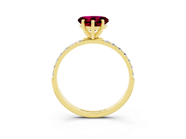 Yellow gold Heart Cut Garnet Solitaire Ring with Round Pavé Shoulders and Prong Setting