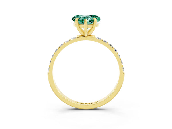 Yellow gold Heart Cut Green Sapphire Solitaire Ring with Round Pavé Shoulders and Prong Setting