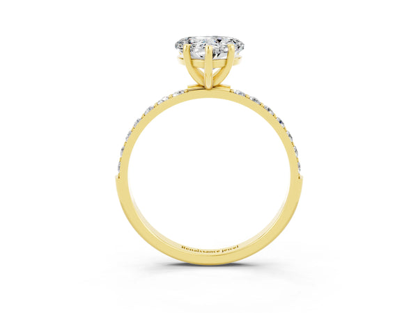 Yellow gold Heart Cut Moissanite Solitaire Ring with Round Pavé Shoulders and Prong Setting