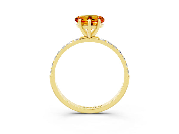 Yellow gold Heart Cut Citrine Solitaire Ring with Round Pavé Shoulders and Prong Setting