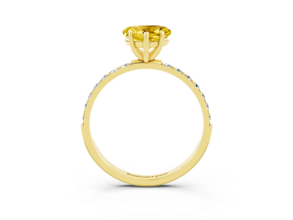 Yellow gold Heart Cut Yellow Sapphire Solitaire Ring with Round Pavé Shoulders and Prong Setting
