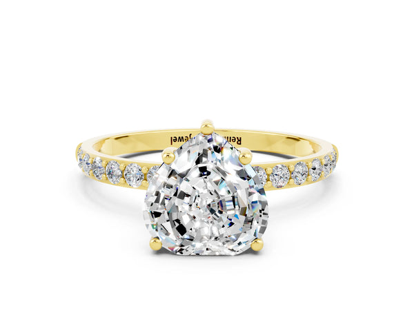 Yellow gold Heart Cut Moissanite Solitaire Ring with Round Pavé Shoulders and Prong Setting