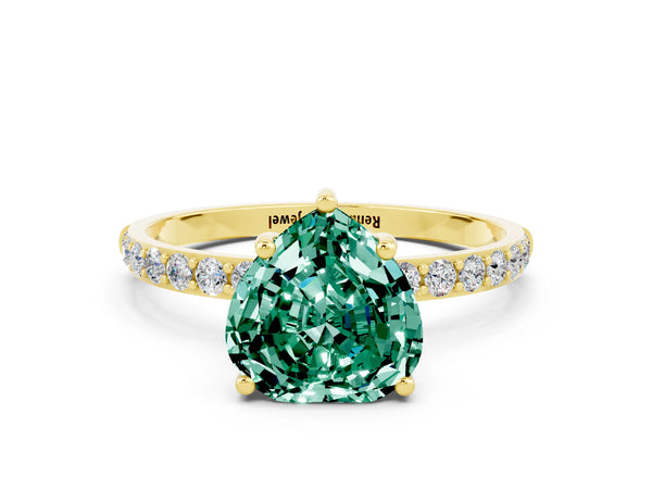 Yellow gold Heart Cut Green Sapphire Solitaire Ring with Round Pavé Shoulders and Prong Setting
