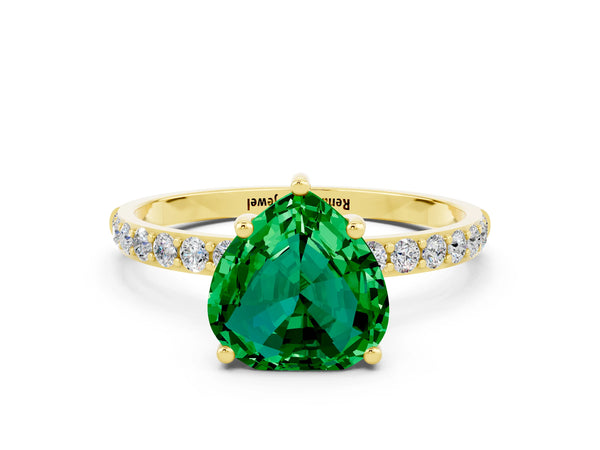 Yellow gold Heart Cut Emerald Solitaire Ring with Round Pavé Shoulders and Prong Setting