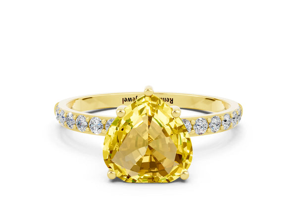 Yellow gold Heart Cut Yellow Sapphire Solitaire Ring with Round Pavé Shoulders and Prong Setting
