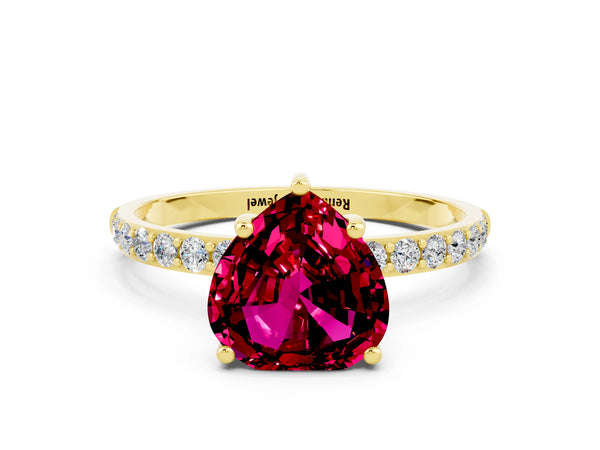 Yellow gold Heart Cut Garnet Solitaire Ring with Round Pavé Shoulders and Prong Setting