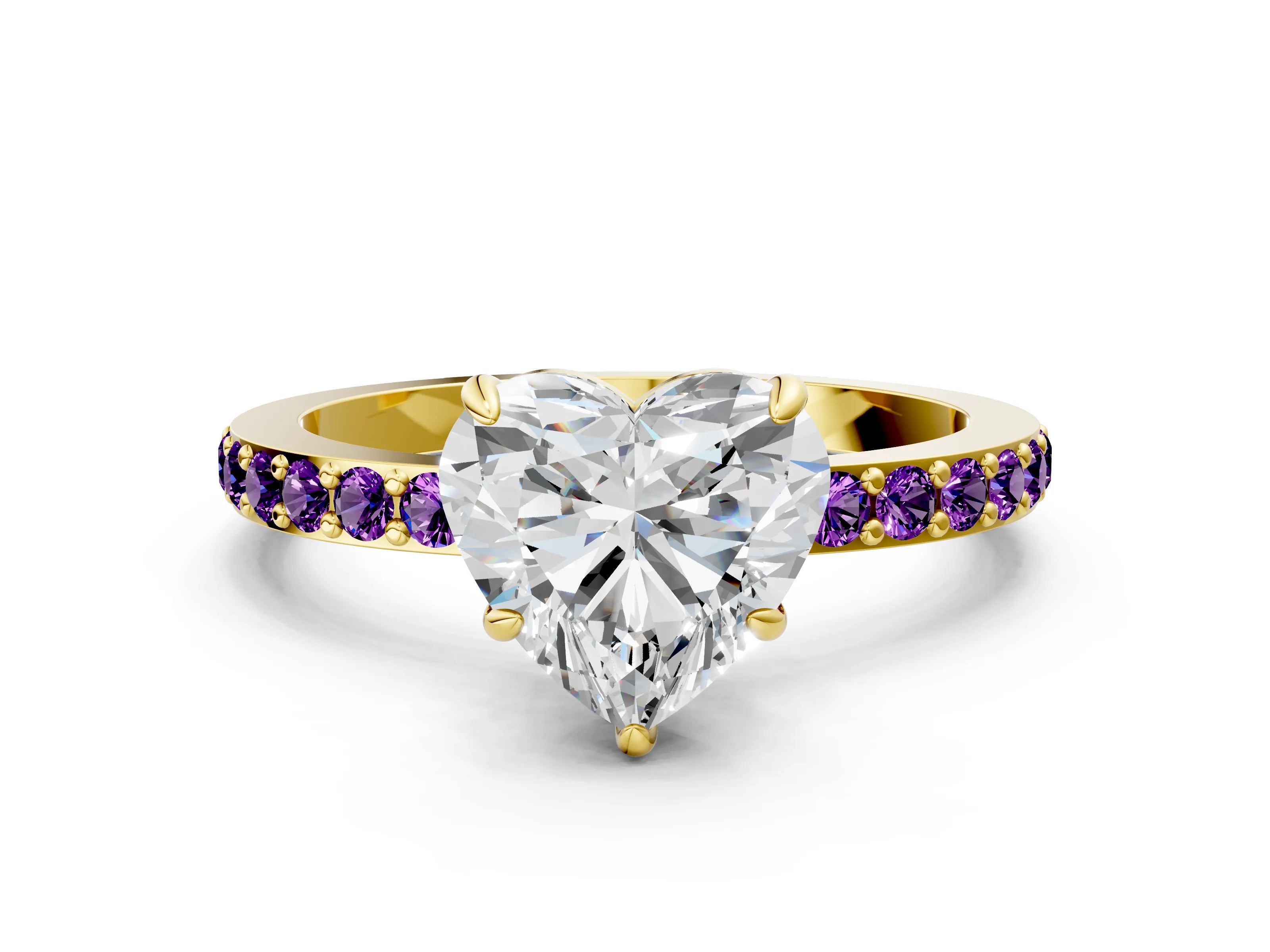 Yellow gold Heart Cut Diamond Pavé Engagement Ring with Round with Amethyst side stone Accents and Prong Setting
