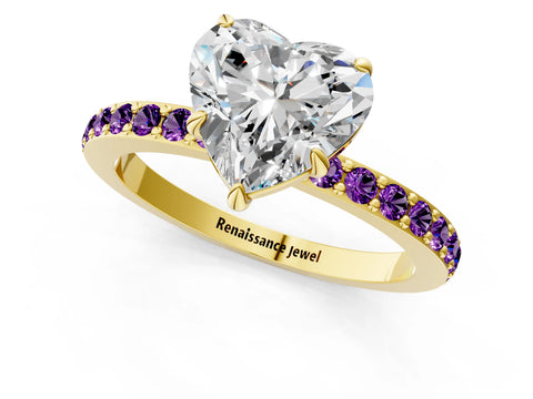 Yellow gold Heart Cut Diamond Pavé Engagement Ring with Round with Amethyst side stone Accents and Prong Setting_1