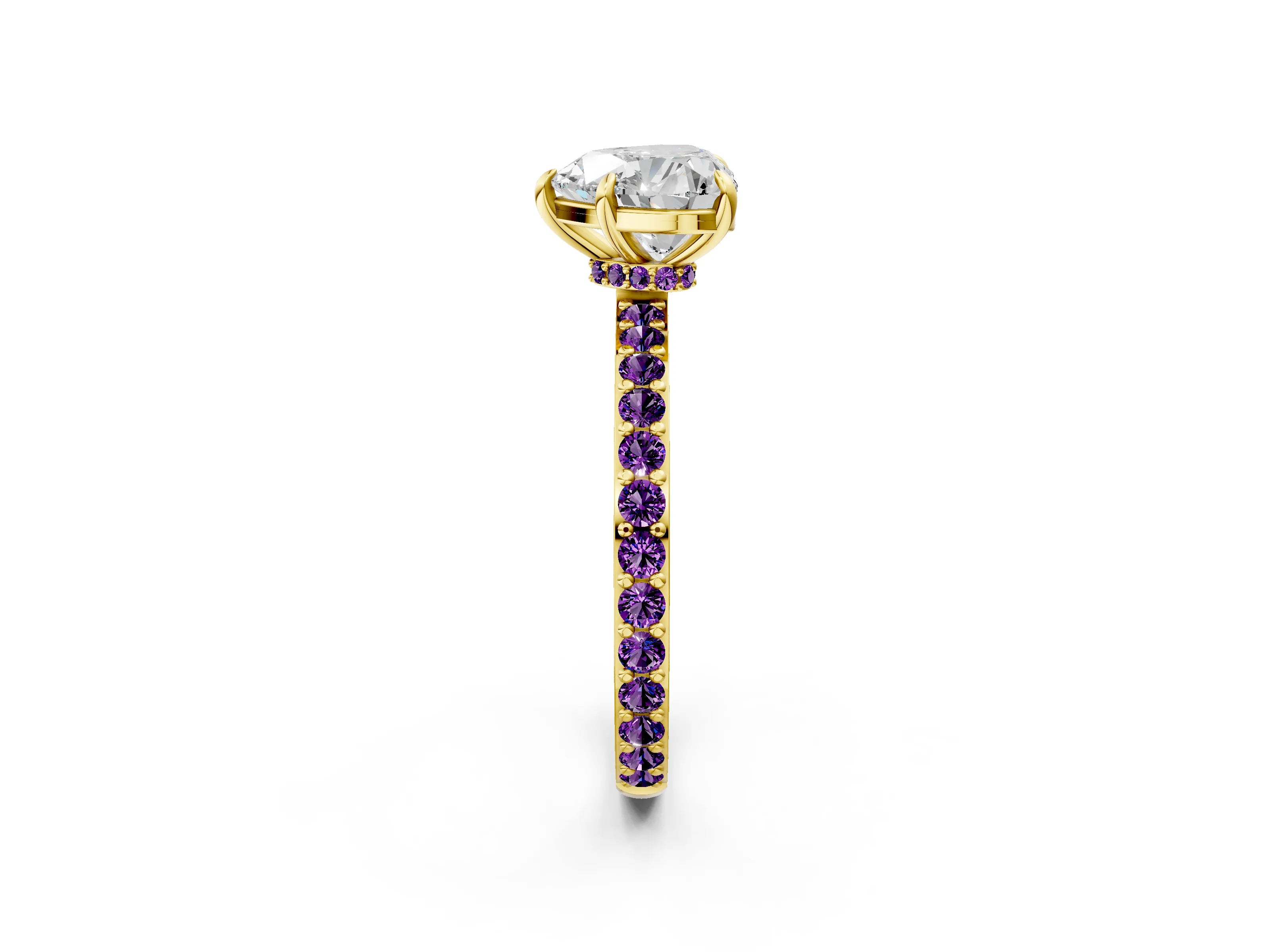 Yellow gold Heart Cut Diamond Pavé Engagement Ring with Round with Amethyst side stone Accents and Prong Setting_2