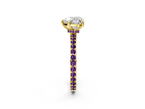Yellow gold Heart Cut Diamond Pavé Engagement Ring with Round with Amethyst side stone Accents and Prong Setting_2