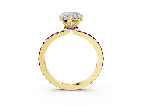Yellow gold Heart Cut Diamond Pavé Engagement Ring with Round with Amethyst side stone Accents and Prong Setting_3