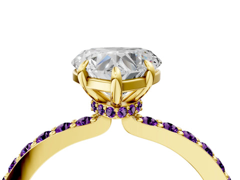Yellow gold Heart Cut Diamond Pavé Engagement Ring with Round with Amethyst side stone Accents and Prong Setting_4