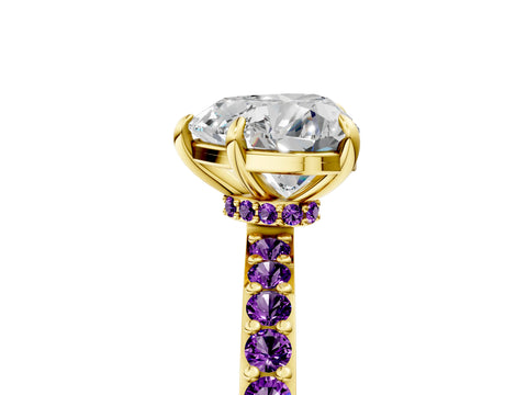 Yellow gold Heart Cut Diamond Pavé Engagement Ring with Round with Amethyst side stone Accents and Prong Setting_5