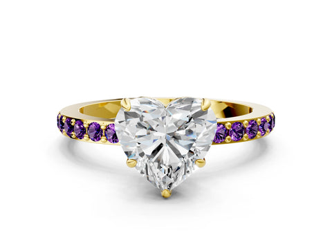 Yellow gold Heart Cut Diamond Pavé Engagement Ring with Round with Amethyst side stone Accents and Prong Setting