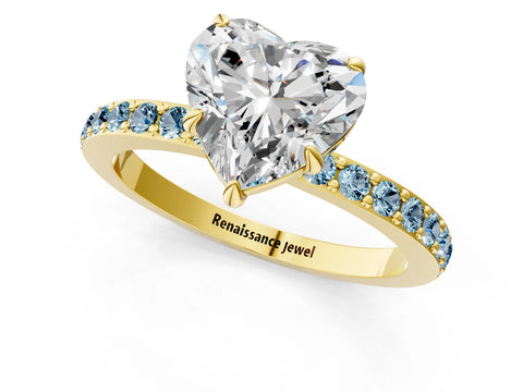 Yellow gold Heart Cut Diamond Pavé Engagement Ring with Round with Aquamarine side stone Accents and Prong Setting_1