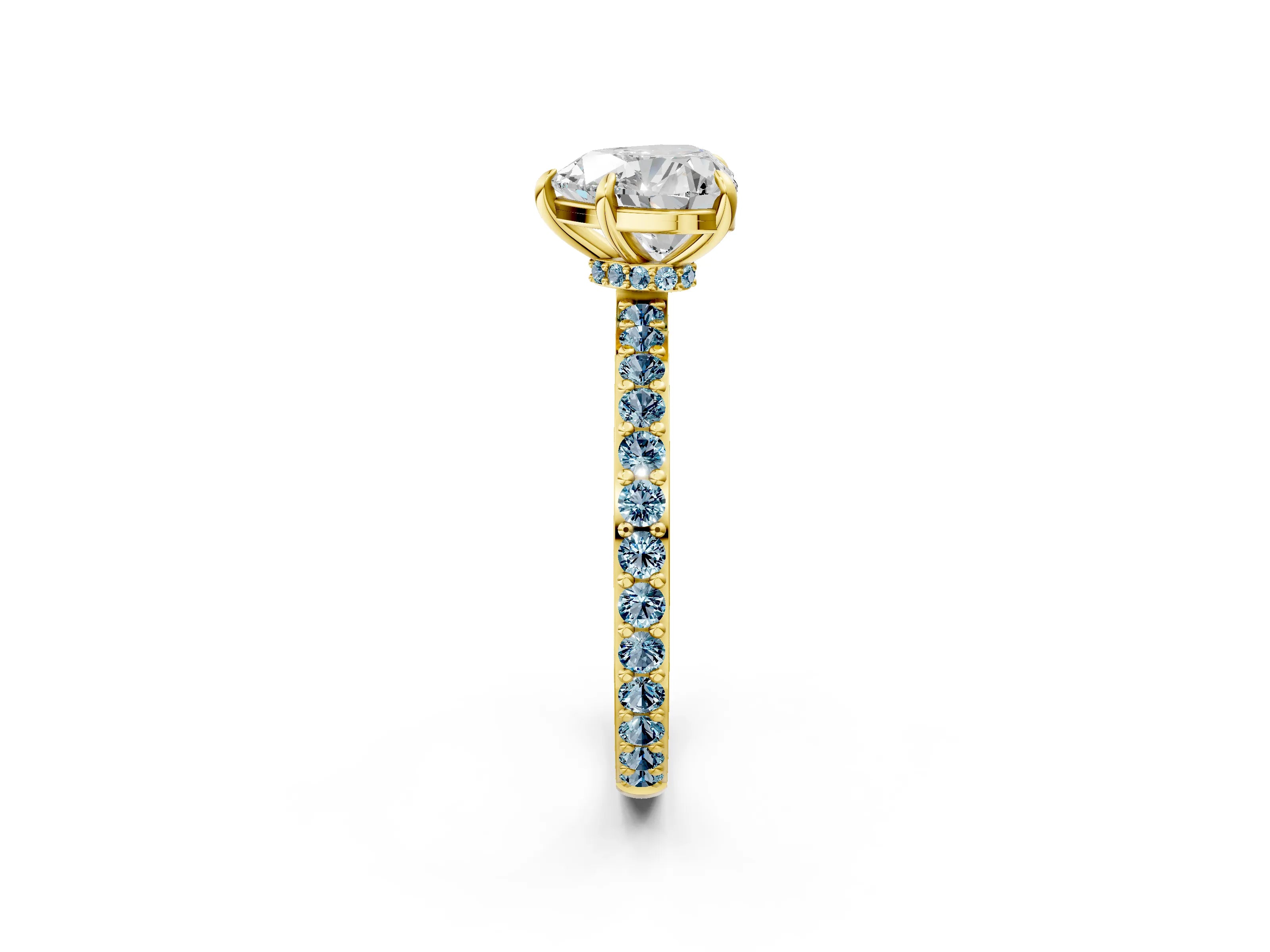 Yellow gold Heart Cut Diamond Pavé Engagement Ring with Round with Aquamarine side stone Accents and Prong Setting_2