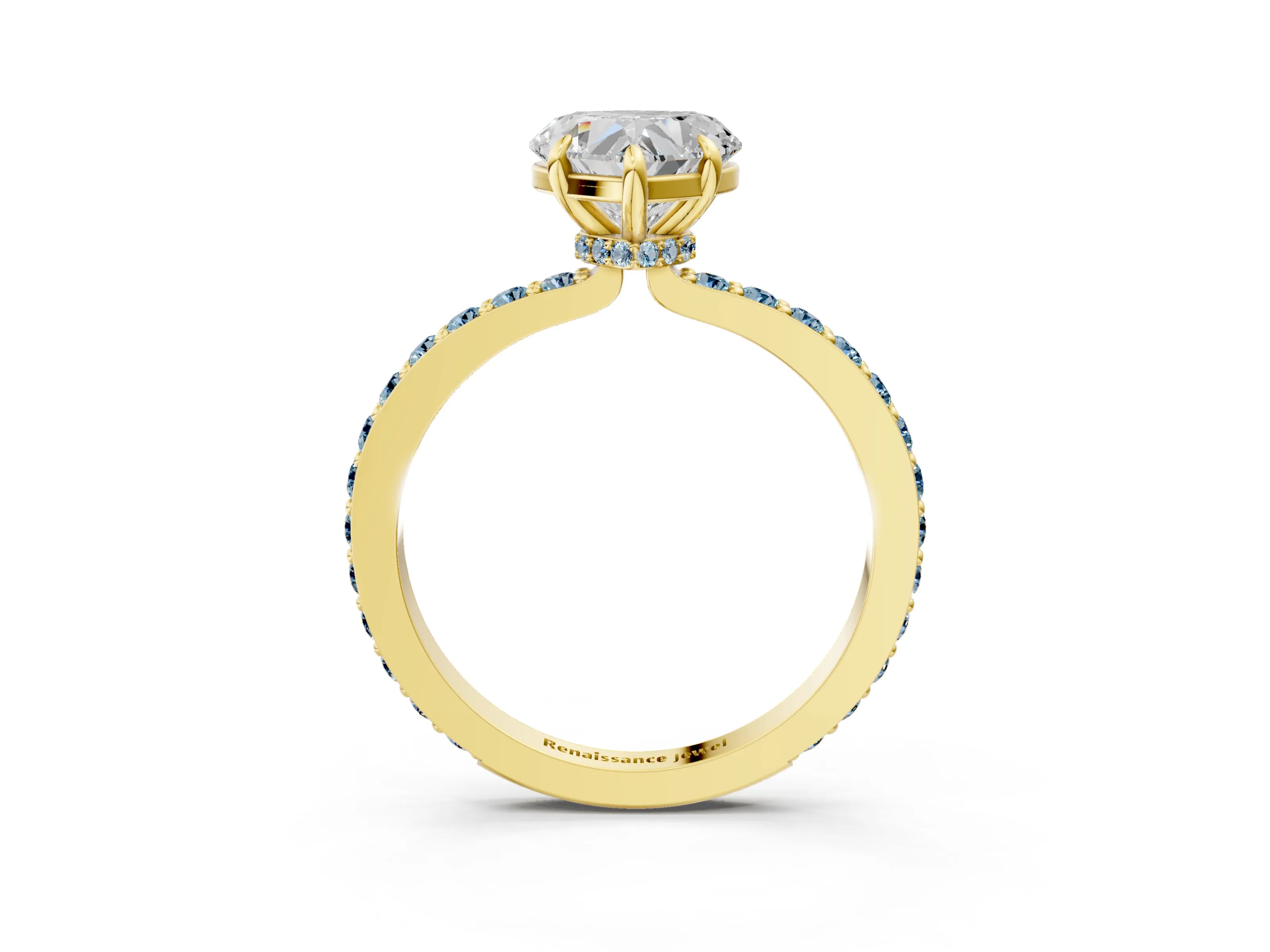 Yellow gold Heart Cut Diamond Pavé Engagement Ring with Round with Aquamarine side stone Accents and Prong Setting_3