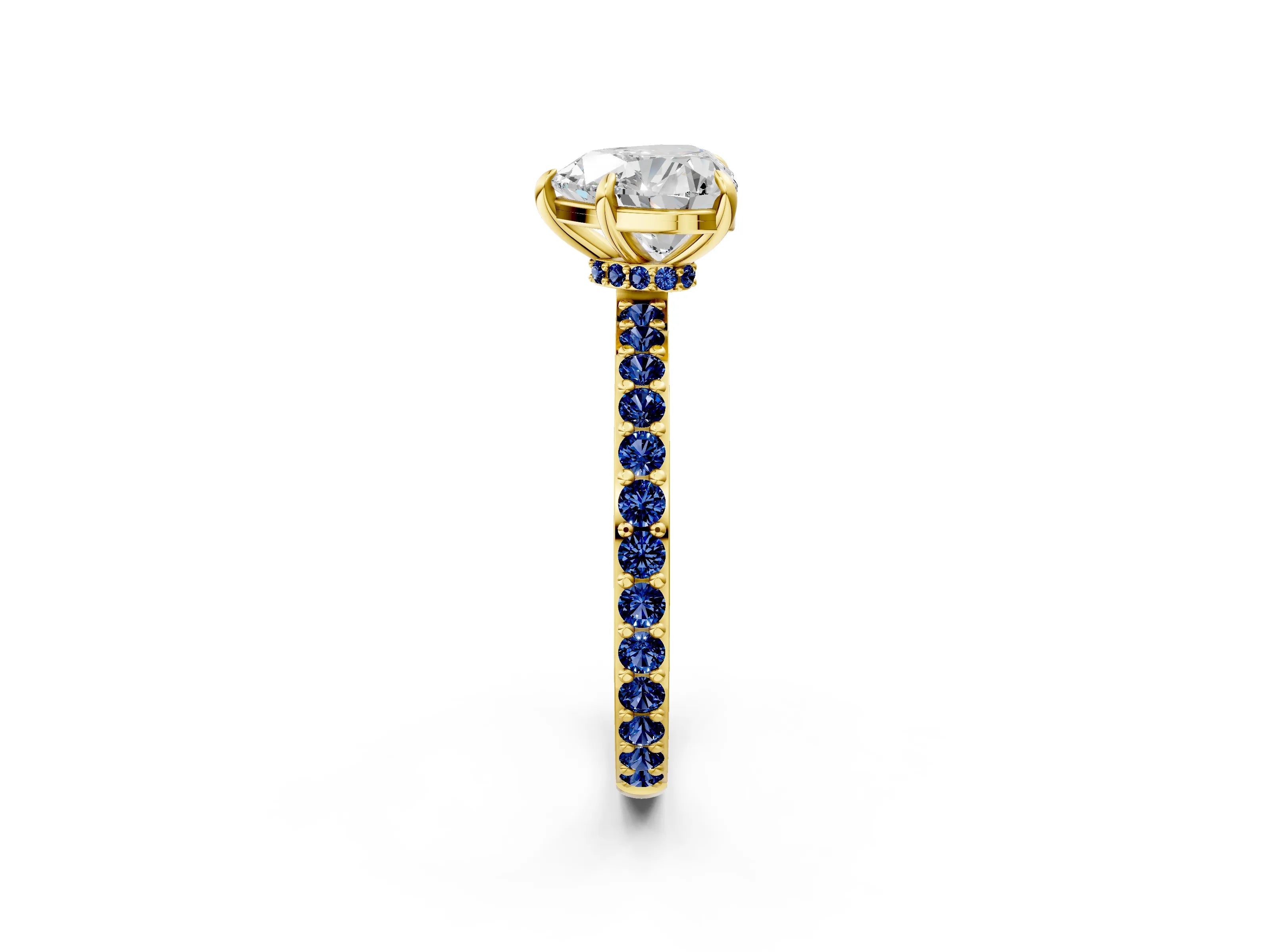Yellow gold Heart Cut Diamond Pavé Engagement Ring with Round with Blue Sapphire side stone Accents and Prong Setting_2