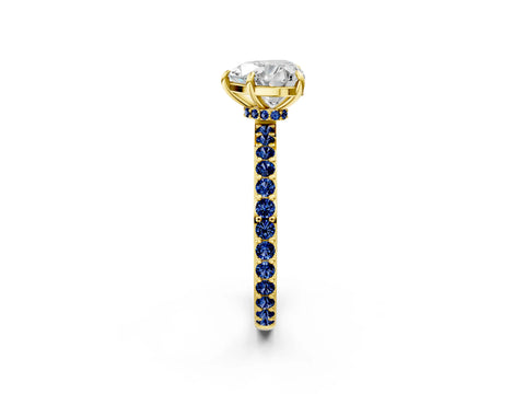 Yellow gold Heart Cut Diamond Pavé Engagement Ring with Round with Blue Sapphire side stone Accents and Prong Setting_2