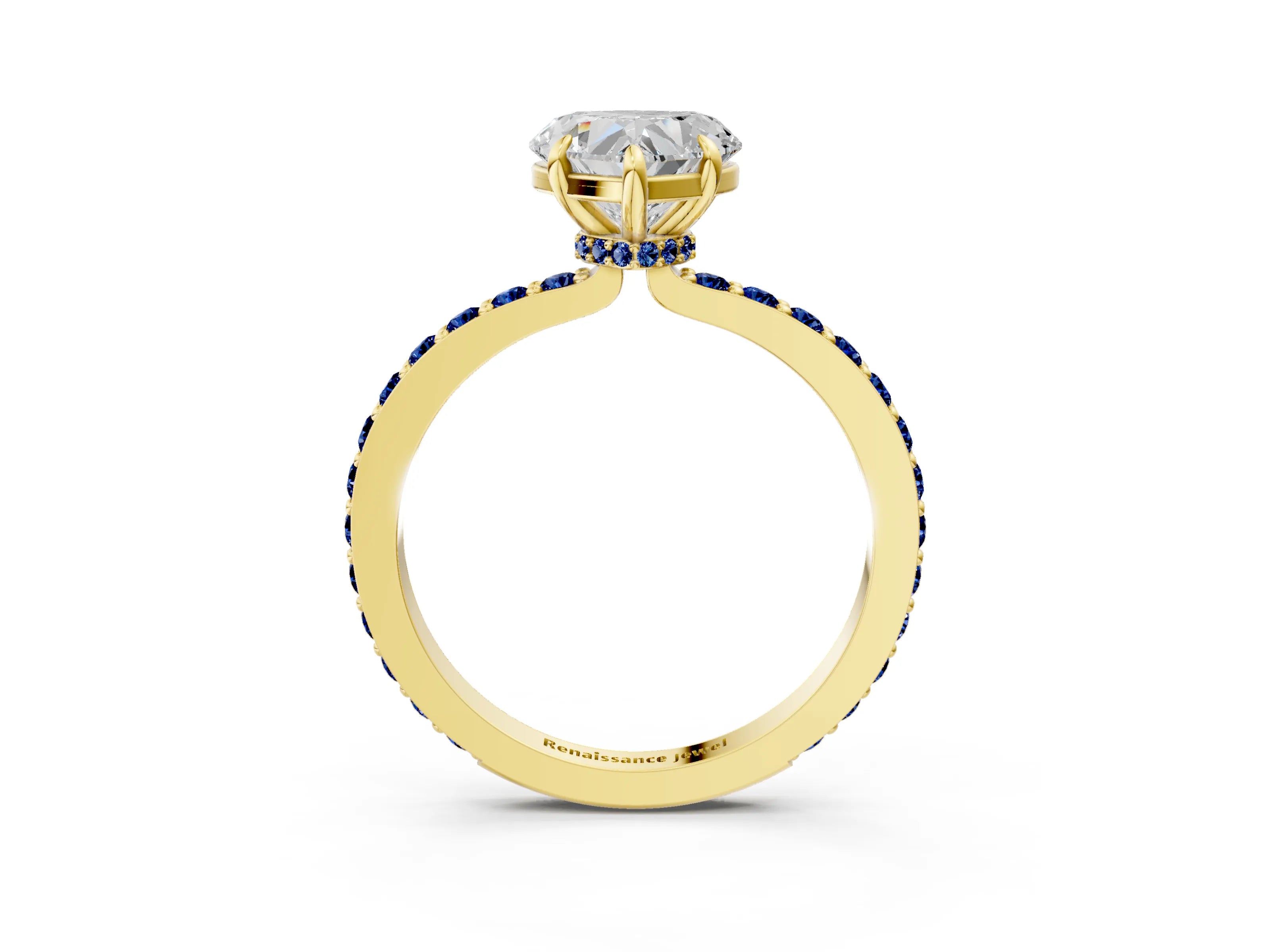 Yellow gold Heart Cut Diamond Pavé Engagement Ring with Round with Blue Sapphire side stone Accents and Prong Setting_3