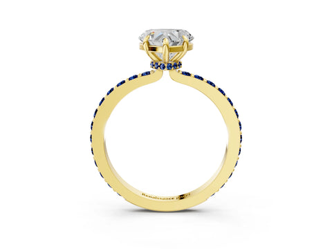 Yellow gold Heart Cut Diamond Pavé Engagement Ring with Round with Blue Sapphire side stone Accents and Prong Setting_3