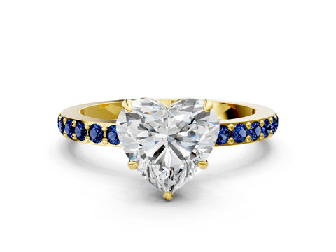 Yellow gold Heart Cut Diamond Pavé Engagement Ring with Round with Blue Sapphire side stone Accents and Prong Setting