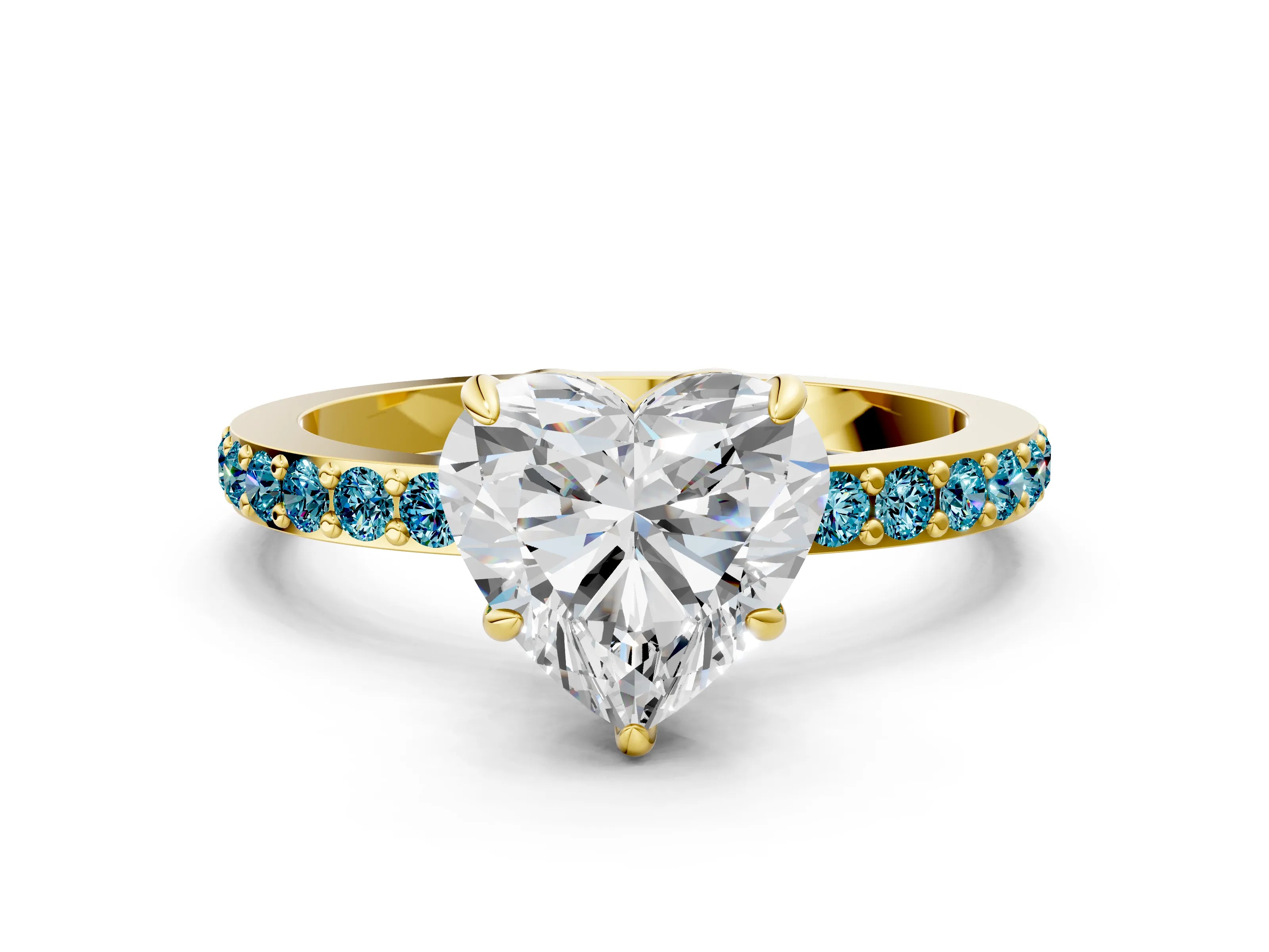 Yellow gold Heart Cut Diamond Pavé Engagement Ring with Round with Blue Topaz side stone Accents and Prong Setting
