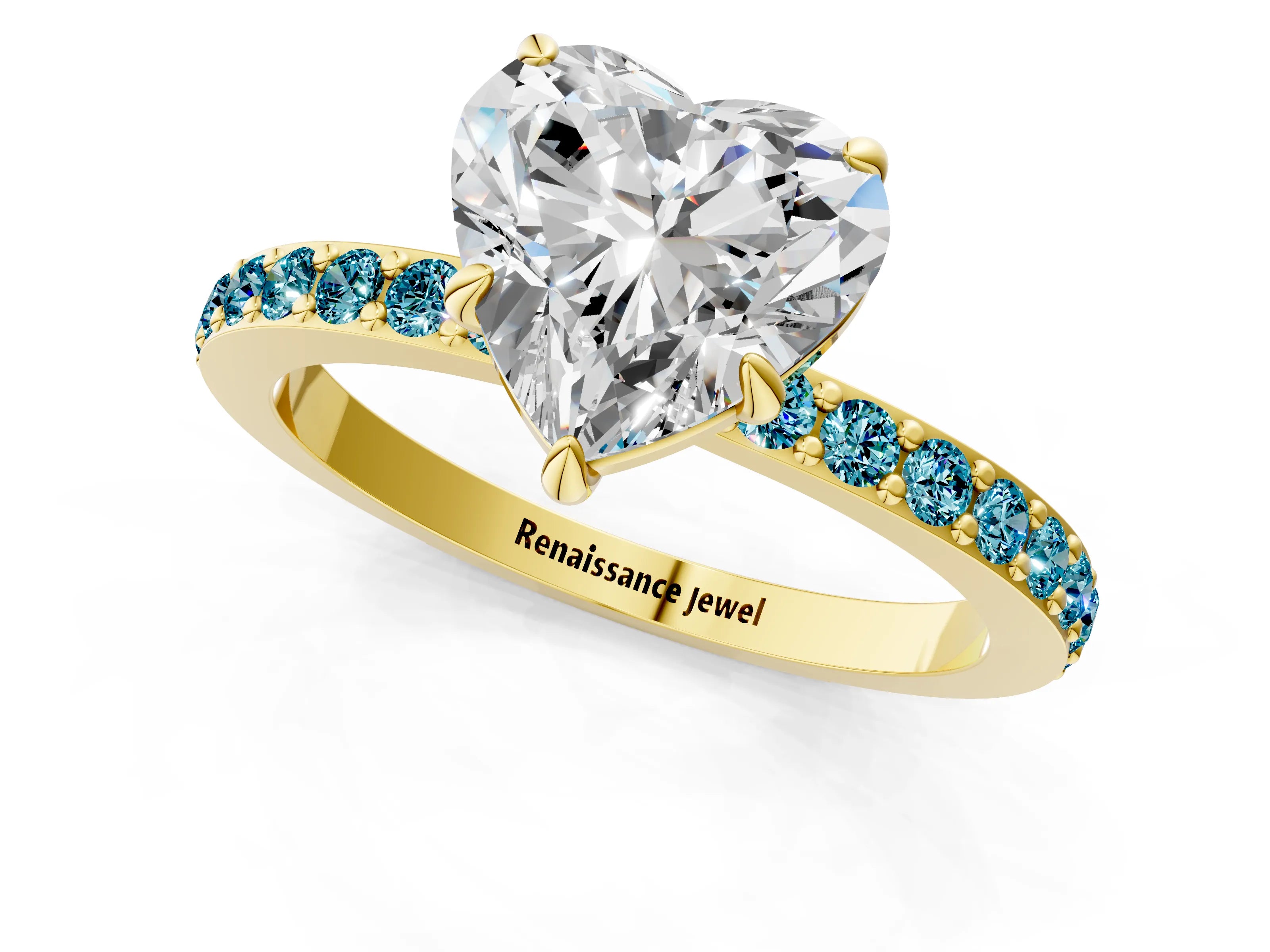 Yellow gold Heart Cut Diamond Pavé Engagement Ring with Round with Blue Topaz side stone Accents and Prong Setting_1