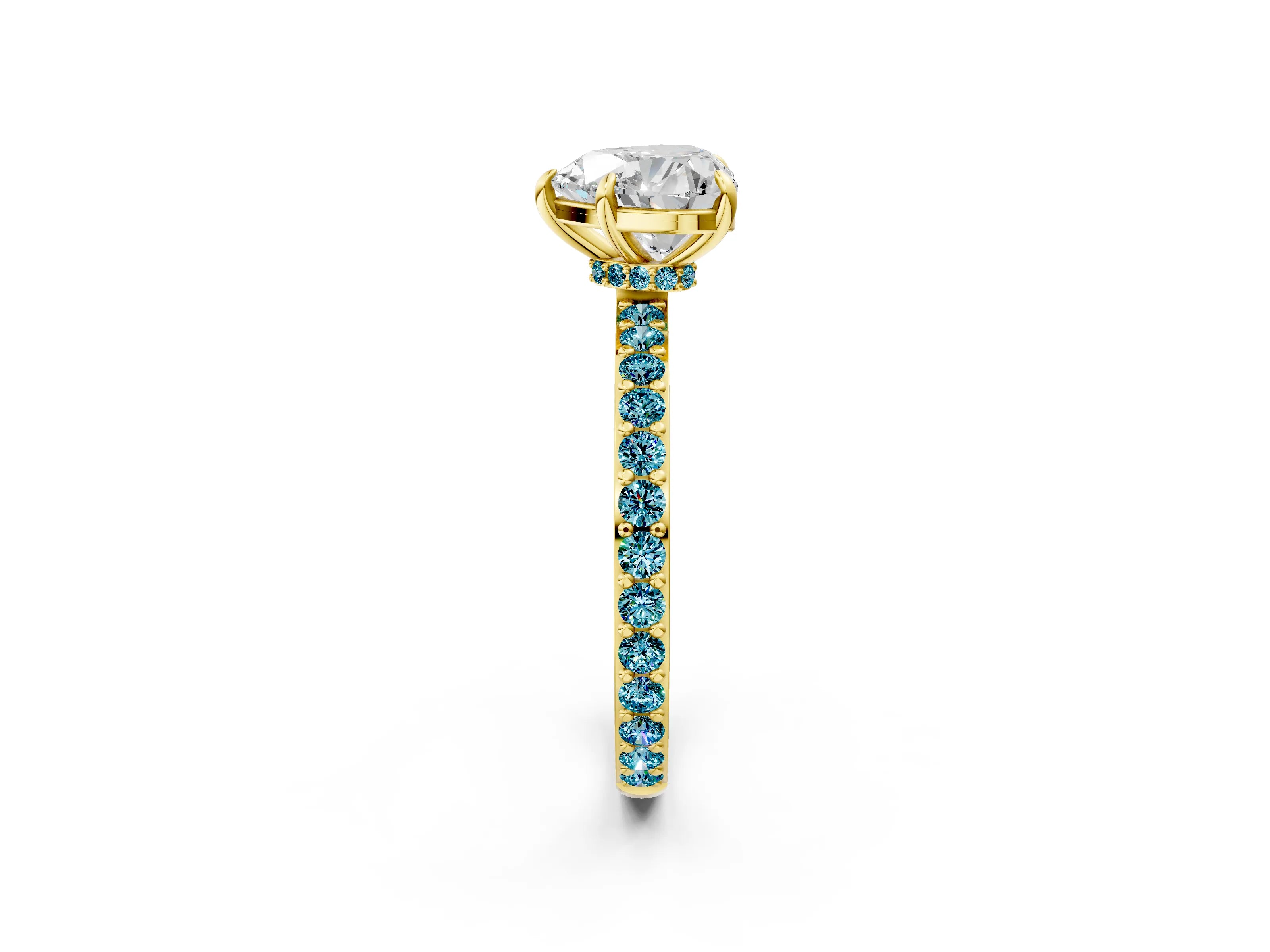 Yellow gold Heart Cut Diamond Pavé Engagement Ring with Round with Blue Topaz side stone Accents and Prong Setting_2