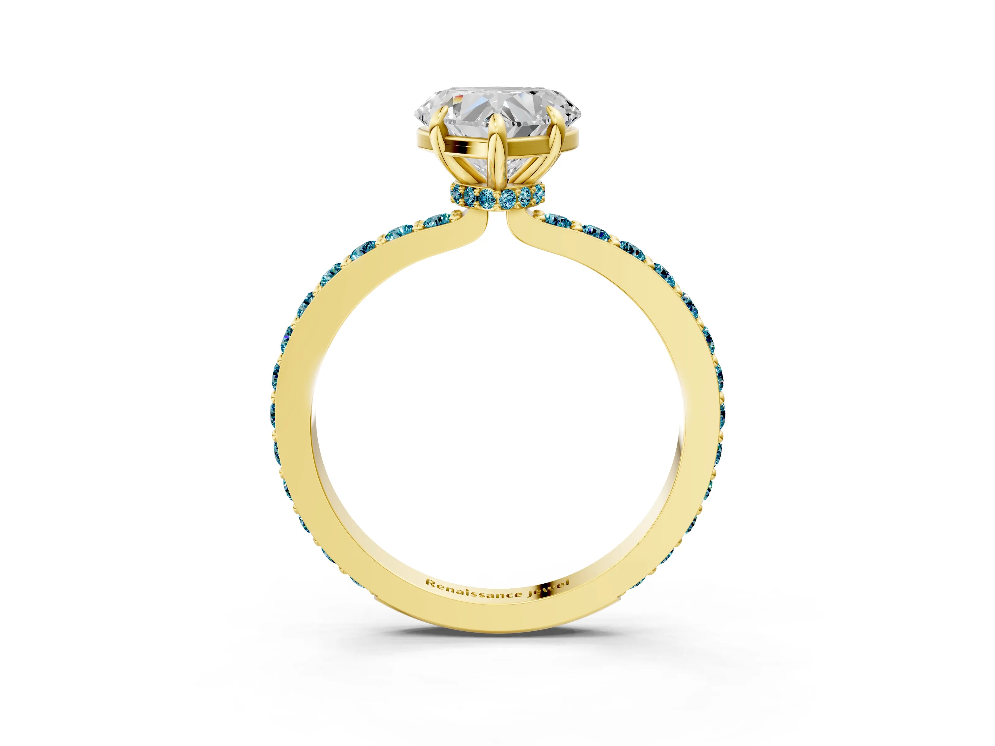 Yellow gold Heart Cut Diamond Pavé Engagement Ring with Round with Blue Topaz side stone Accents and Prong Setting_3