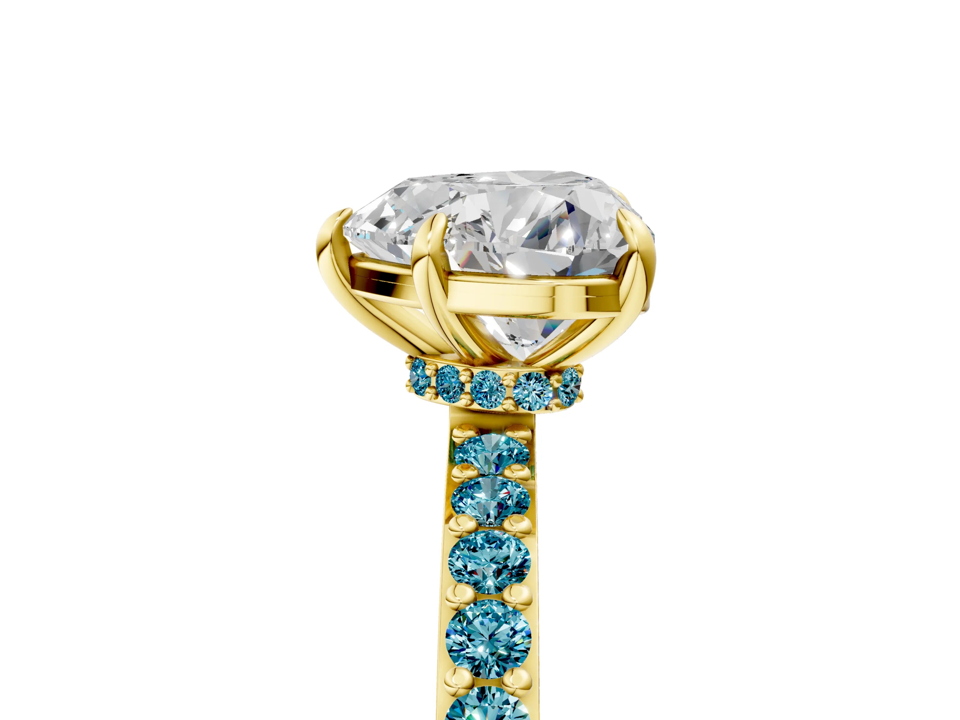 Yellow gold Heart Cut Diamond Pavé Engagement Ring with Round with Blue Topaz side stone Accents and Prong Setting_5