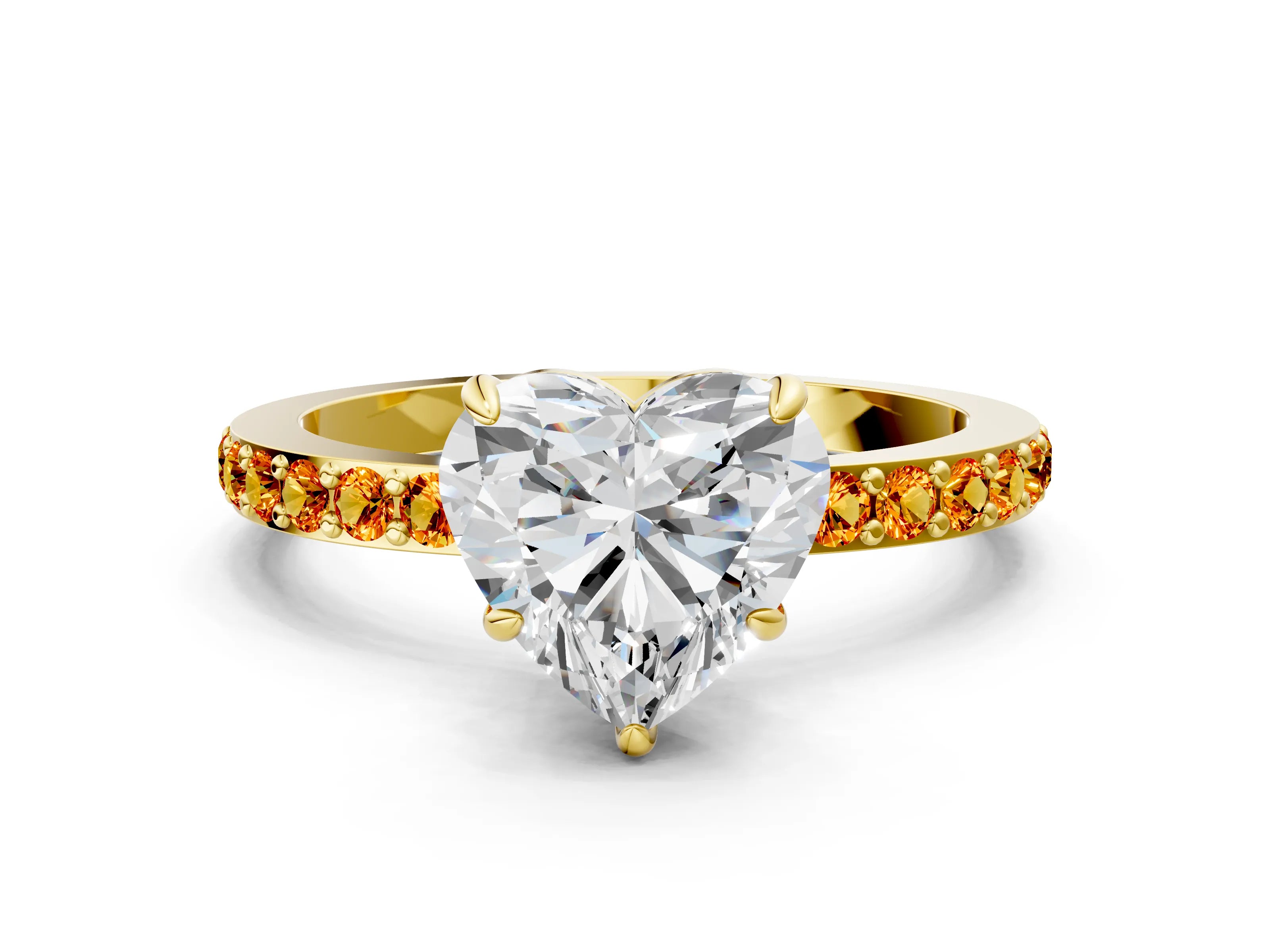 Yellow gold Heart Cut Diamond Pavé Engagement Ring with Round with Citrine side stone Accents and Prong Setting