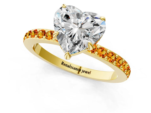 Yellow gold Heart Cut Diamond Pavé Engagement Ring with Round with Citrine side stone Accents and Prong Setting_1