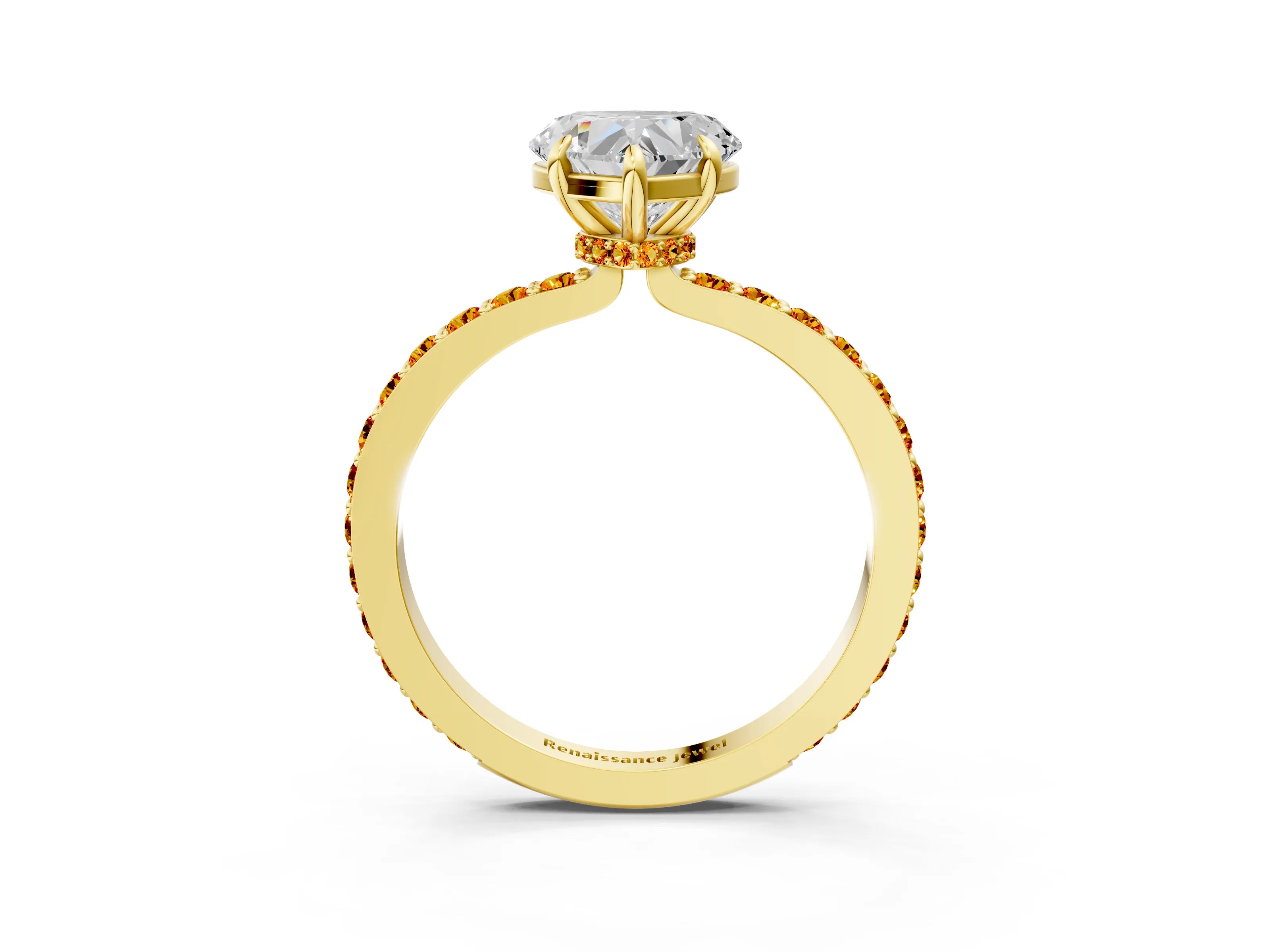 Yellow gold Heart Cut Diamond Pavé Engagement Ring with Round with Citrine side stone Accents and Prong Setting_3