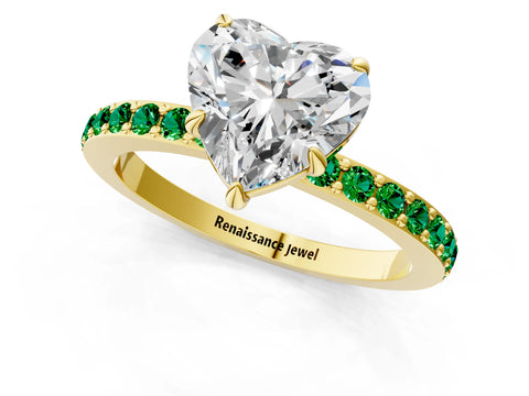 Yellow gold Heart Cut Diamond Pavé Engagement Ring with Round with Emerald side stone Accents and Prong Setting_1