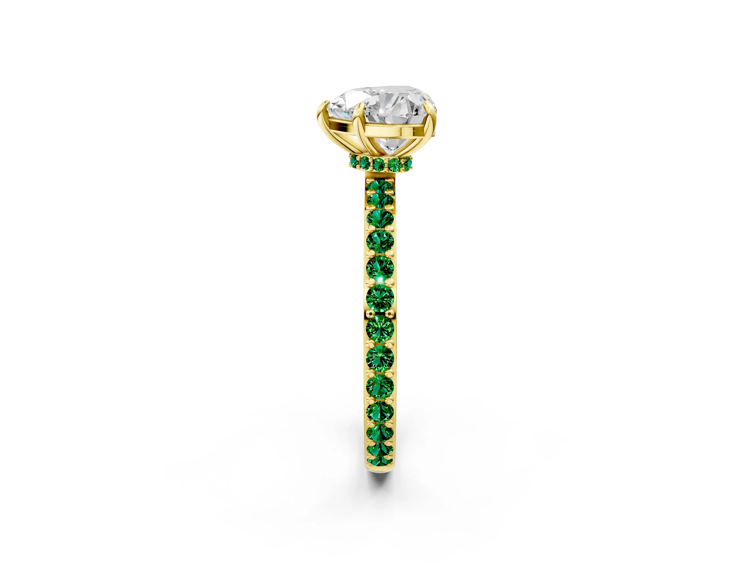 Yellow gold Heart Cut Diamond Pavé Engagement Ring with Round with Emerald side stone Accents and Prong Setting_2