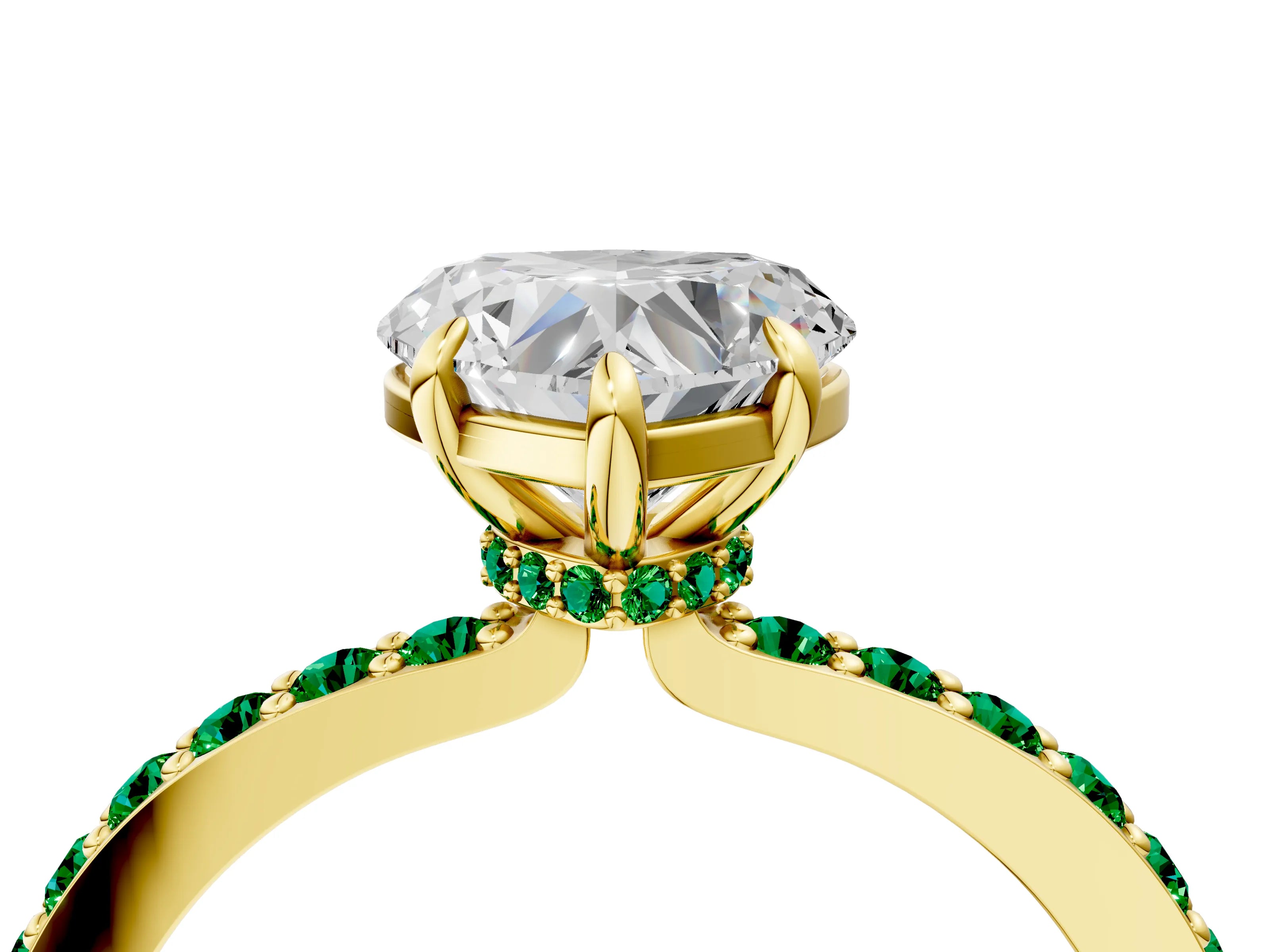 Yellow gold Heart Cut Diamond Pavé Engagement Ring with Round with Emerald side stone Accents and Prong Setting_4