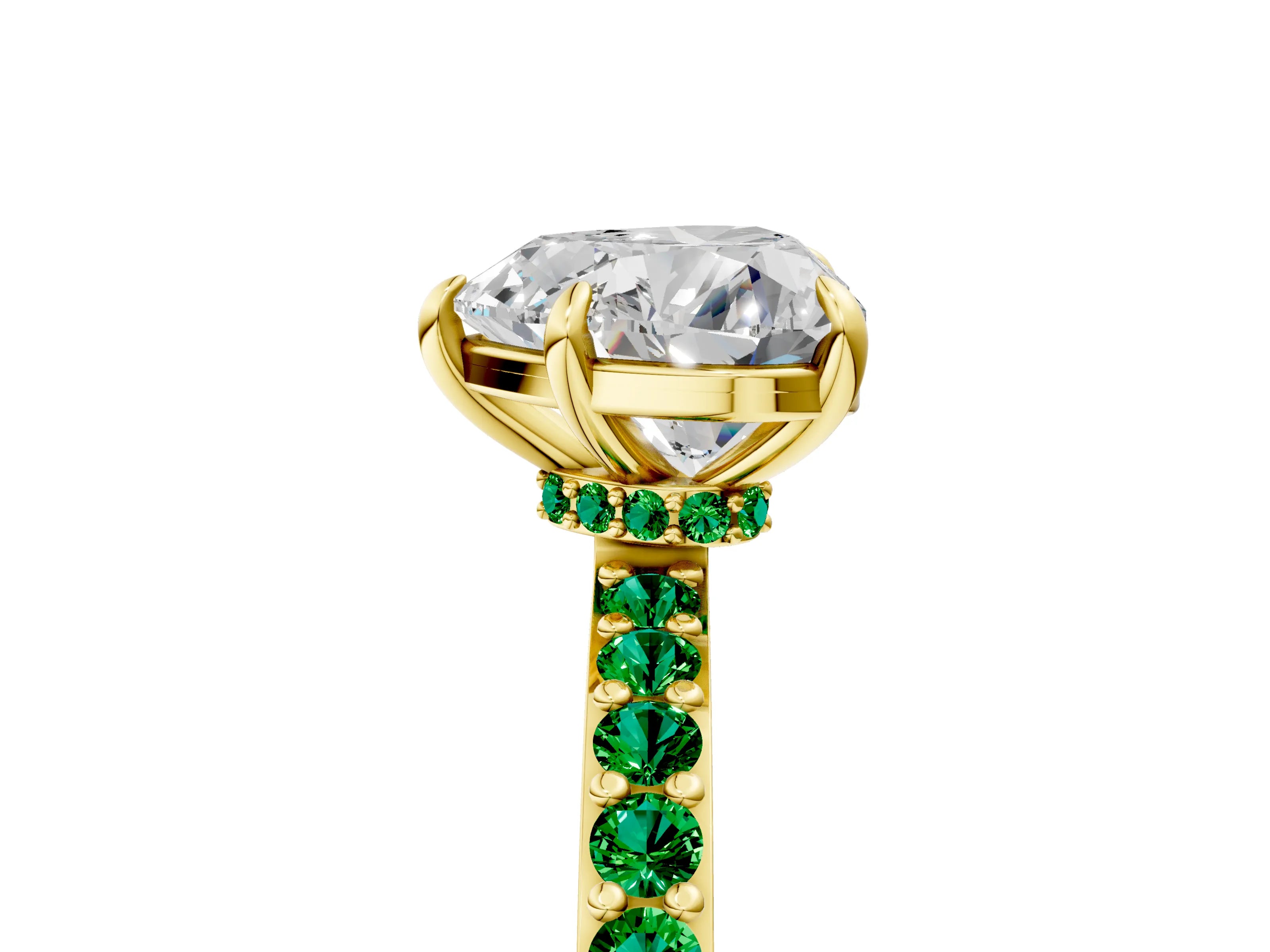 Yellow gold Heart Cut Diamond Pavé Engagement Ring with Round with Emerald side stone Accents and Prong Setting_5