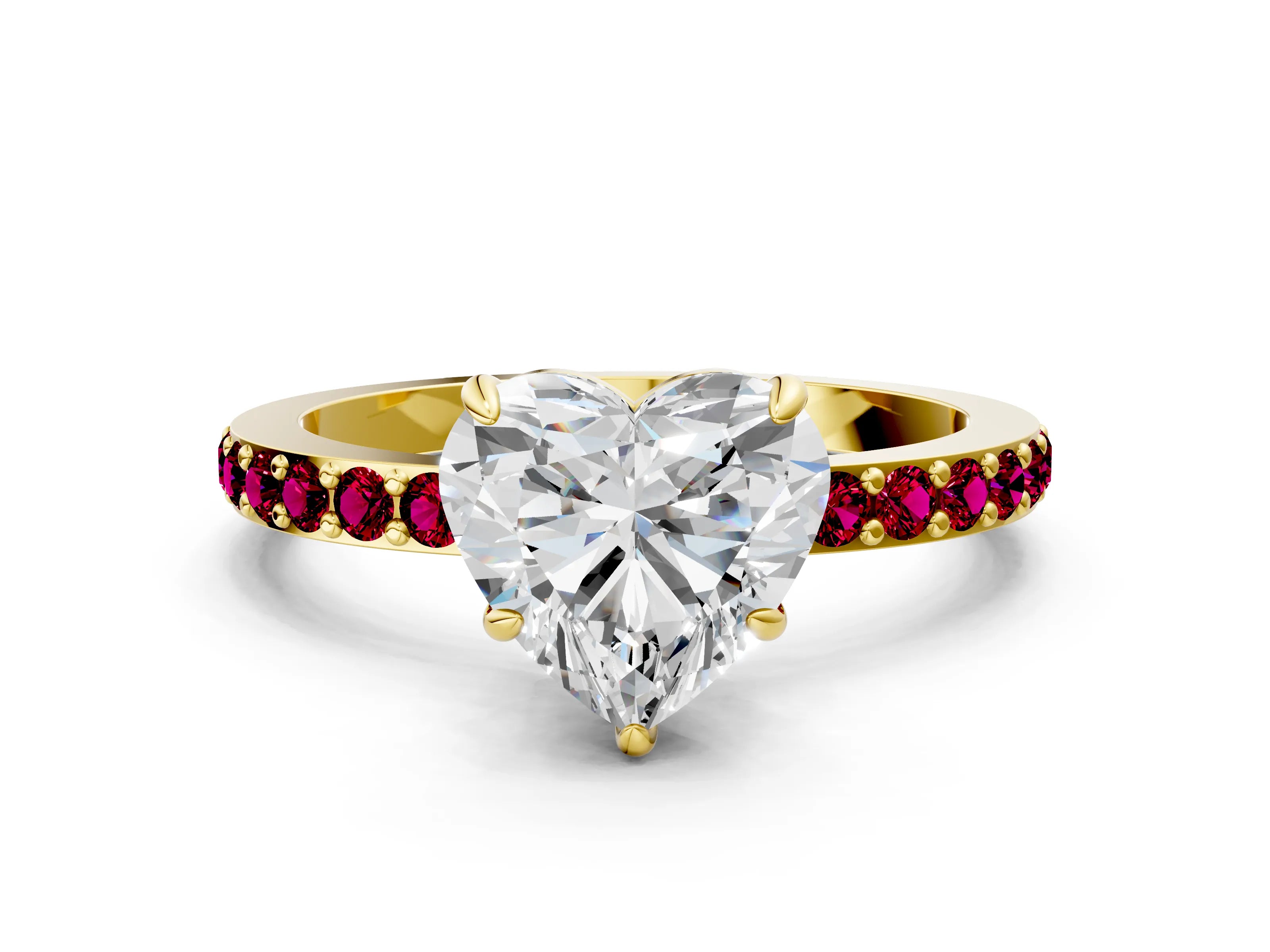 Yellow gold Heart Cut Diamond Pavé Engagement Ring with Round with Garnet side stone Accents and Prong Setting