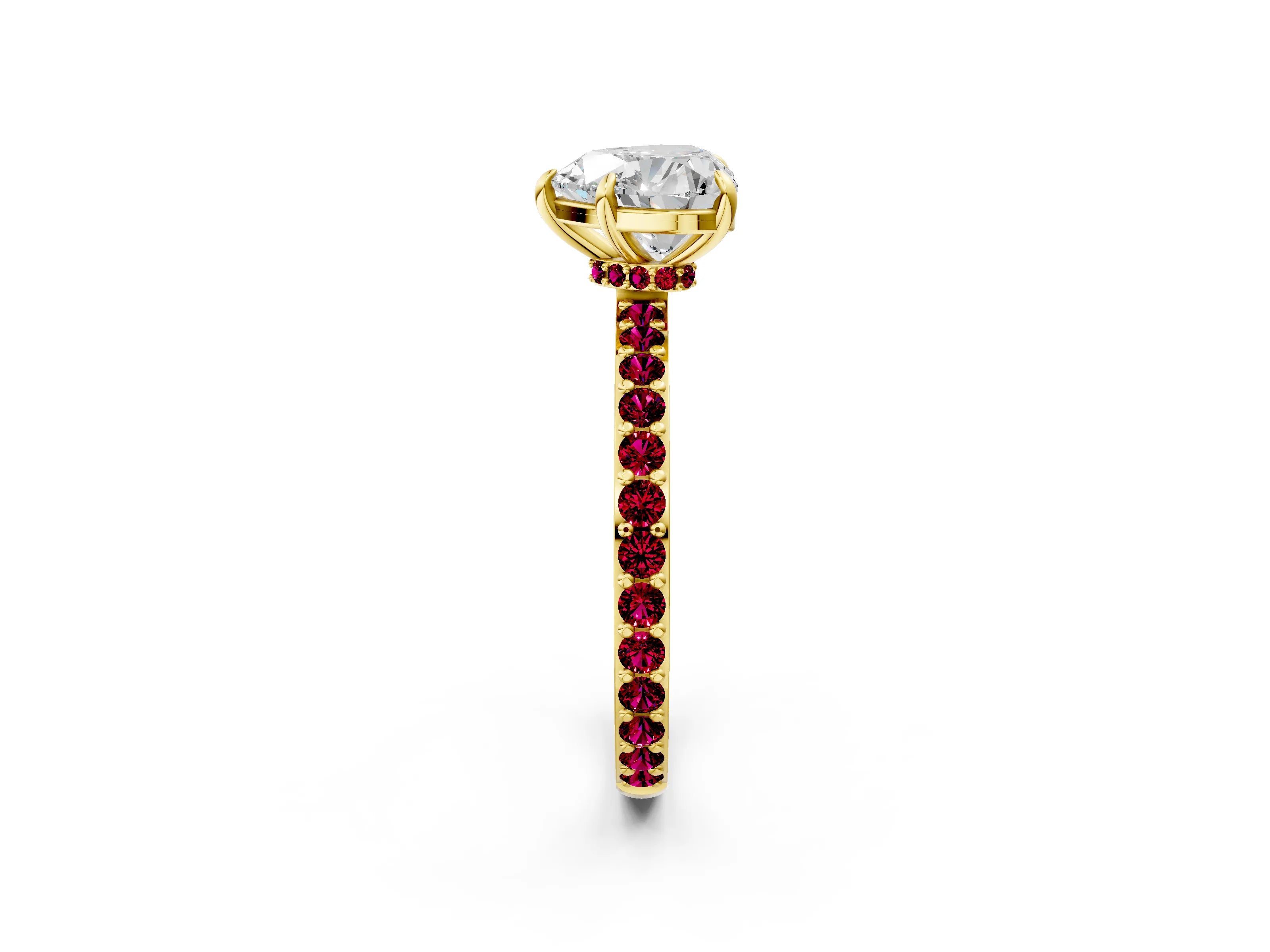 Yellow gold Heart Cut Diamond Pavé Engagement Ring with Round with Garnet side stone Accents and Prong Setting_2